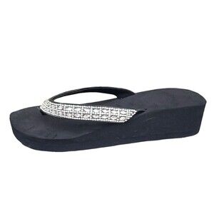 Y2K Sandals Women’s 7.5 Black Rhinestone Wedge Platform Thong Slip On